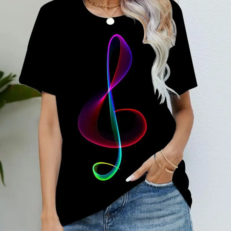Blusa Camisetas Mulheres Preto Nota Musical Gráfico Moda Manga Curta Sedosa Macio