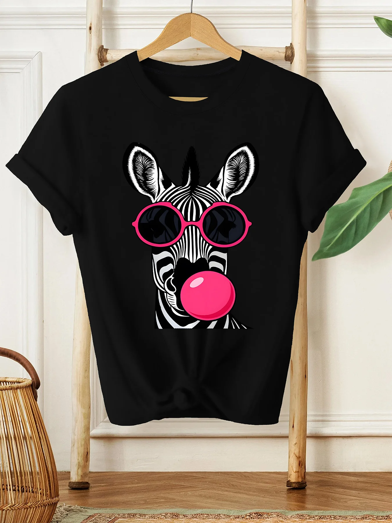Women's Short Sleeve T-Shirt Fun Animal Theme Print Design Individual Zebra Image with Pink Glasses and Bubblegum Pattern Tops