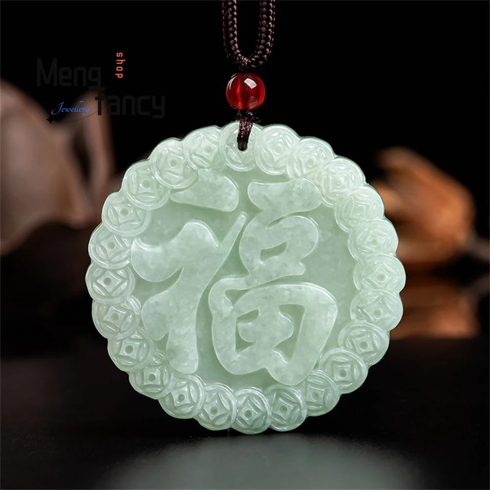 

Natural A-goods jadeite Glutinous Seed Antique Fu in Front of the Eyes Jade Pendant Simple Retro Handicraft Fashion Fine Jewelry