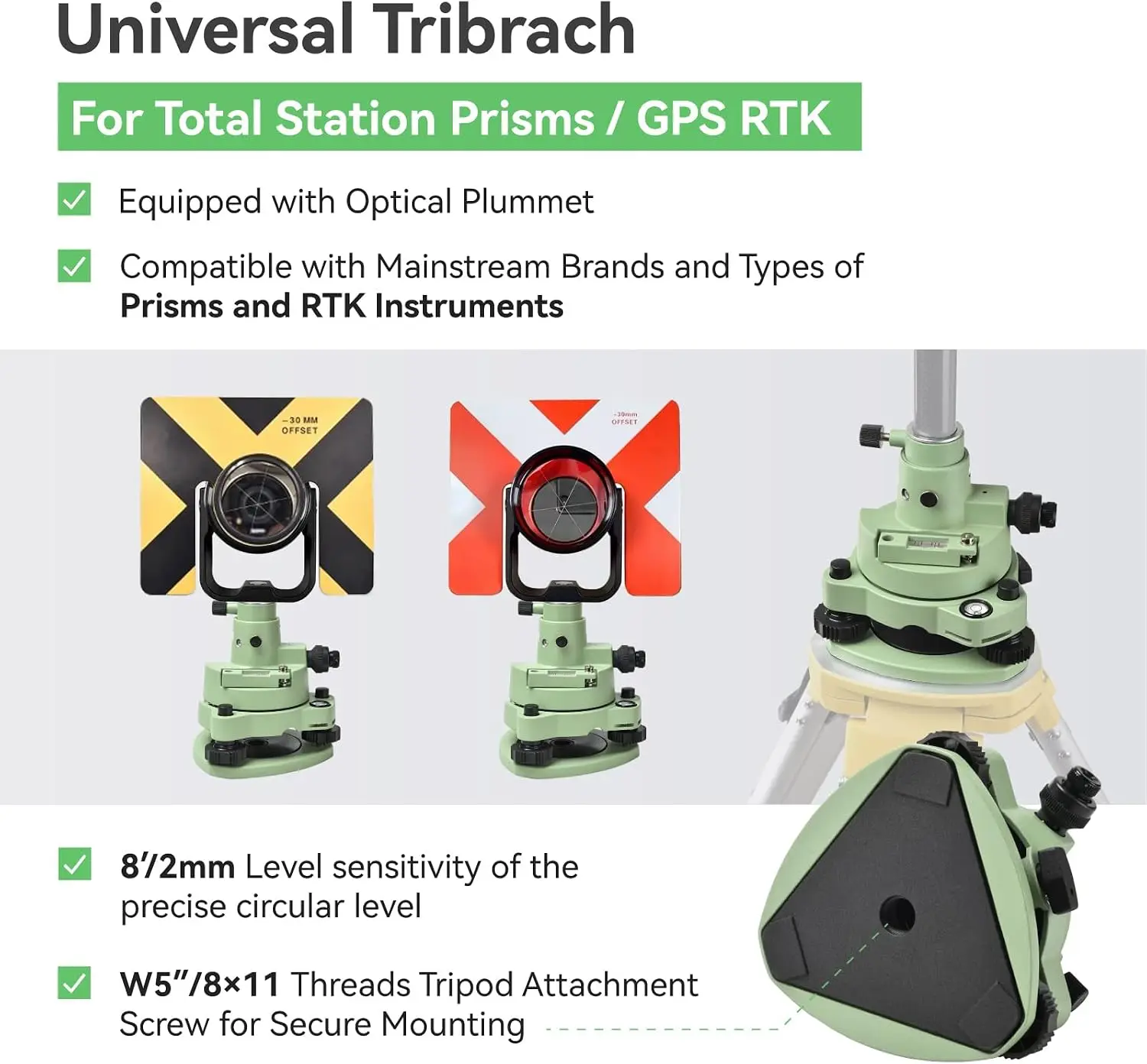 Surveying Tribrach Adapter Green Three Jaw RTK Base Optical Plummet 58 Thread GNSS GPS Total Station Prism Optical Targeting