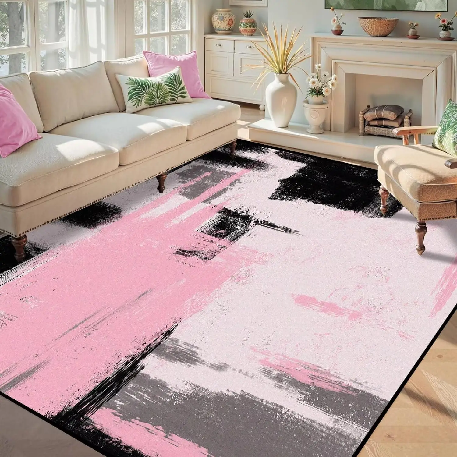 1pc 2D Flat Pink Black Brush Stroke Abstract Printed Floor Mat, Decorative Rug for Living Room, Bedroom, Office, Home Decor