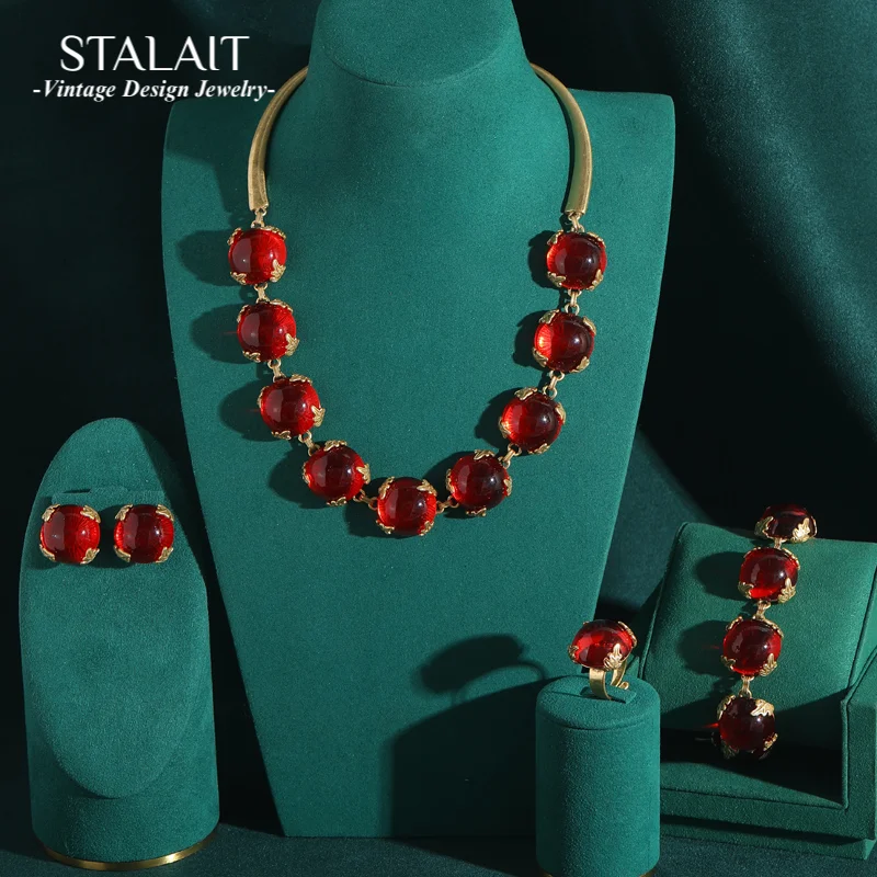 

Vintage Glass Red Jewelry Set Cat Eye Round Gold Color Antique Leaf Necklace Earrings Bracelet Rings For Wedding Bridal 2025 New