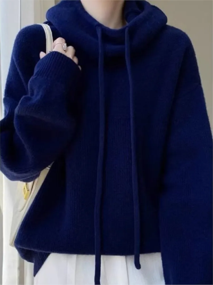 เสื้อฮู้ดไหมพรมถักทรงหลวมแบบใหม่สำหรับฤดูใบไม้ร่วงและฤดูหนาว เสื้อสเวตเตอร์ผู้หญิงแบบสวมหัว มีฮู้ด ผ้าถักหนา พร้อมเชือกผูก เหมาะสำหรับใส่ทำงาน