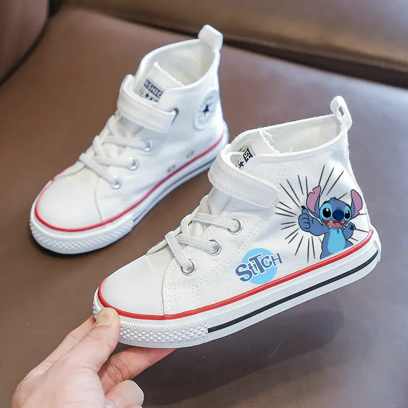 Stitch Children High Top Canvas Shoes Cartoon Stitch Kids Canvas Tennis Shoes Girls Boys White Casual Sneakers Size 25-36