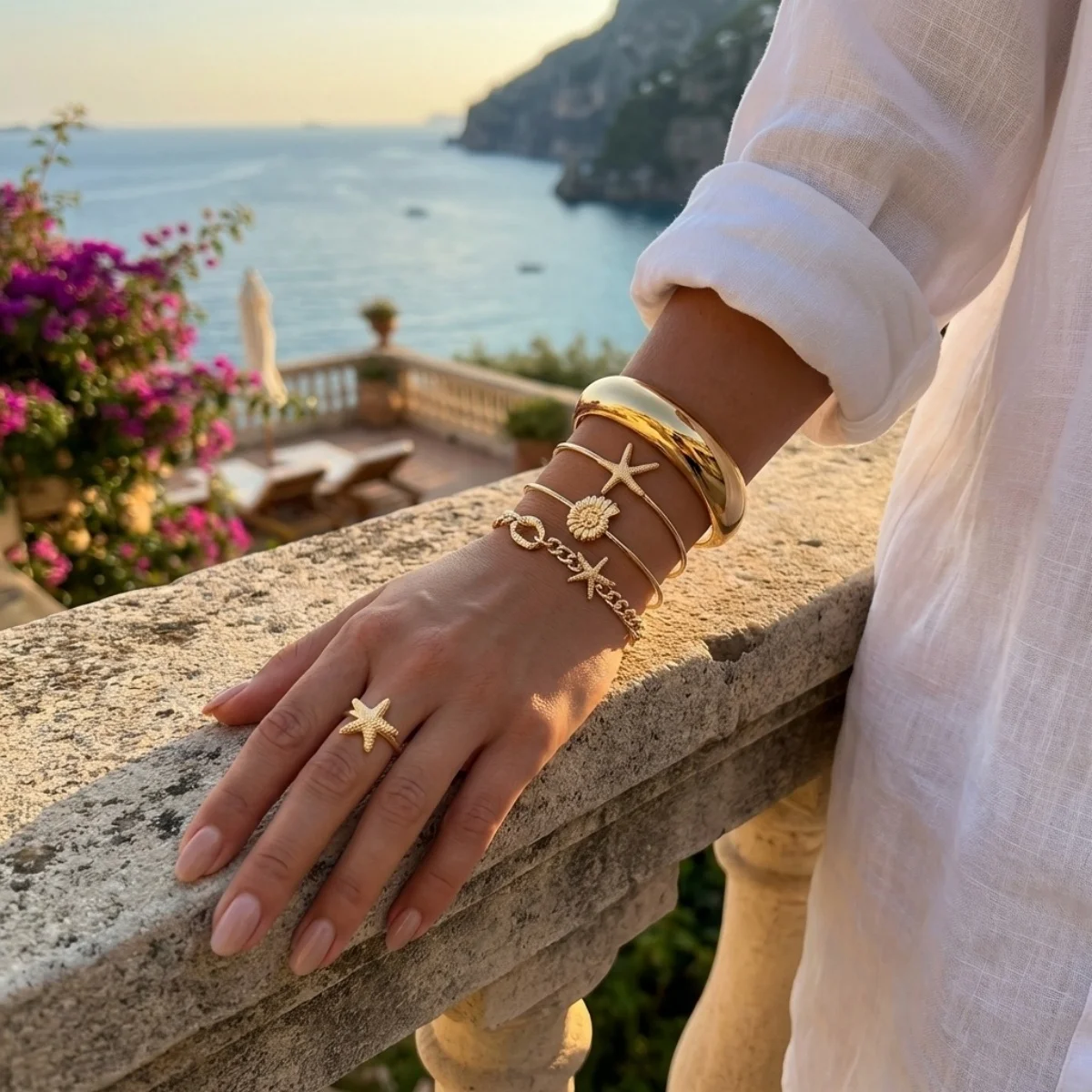 

Bohemian Metal Starfish Shell Conch Bracelet Bangle Ring Set For Women Men Vintage Sea Star Stackable Beach Ocean Jewelry Set