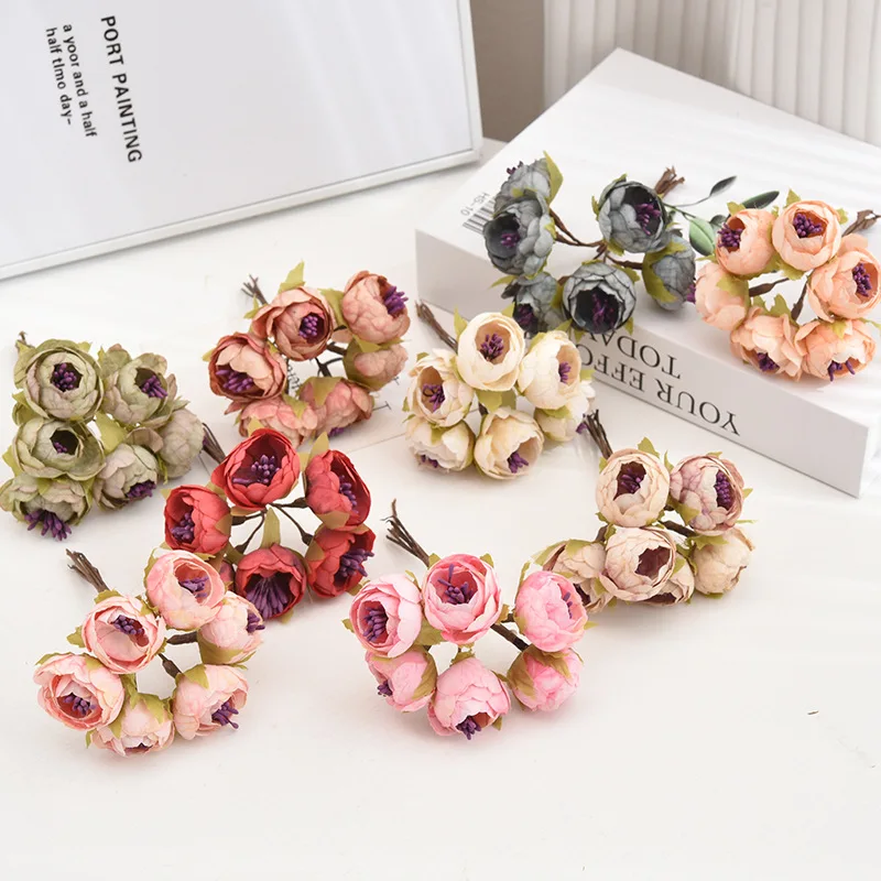 6PCS Mini Artificial Flower Rose Bouquet Wedding Party Decoration DIY Handmade Wreath Gift Scrapbooking Craft Fake Flowers