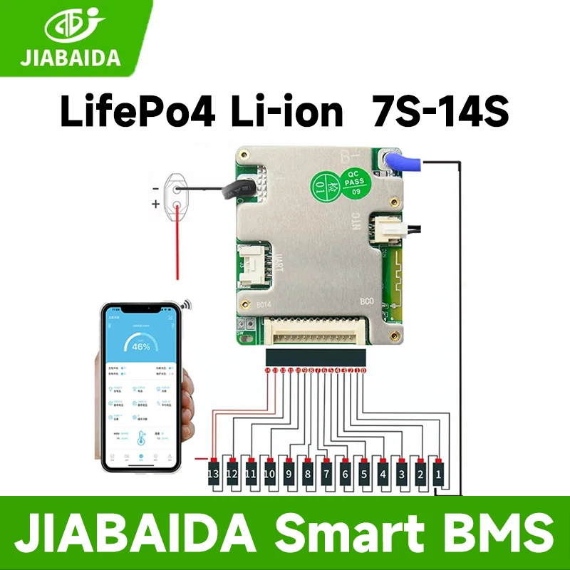 JIABAIDA 8S 24V Lifepo4 BMS 7S 10S 13S 14S batería Compatible de iones de litio JBD Smart BMS BT UART 20A 30A 40A 50A protección de descarga