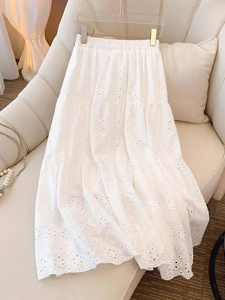 

Ladies Black White Temperament Long Skirt Spring Summer Beige Embroidery Hollow Out A-line Skirts For Women Clothing Streetwear