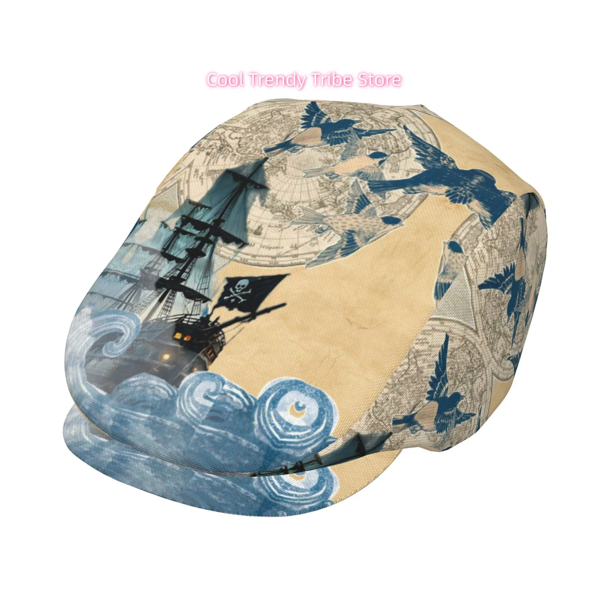 Pirate Ship & Birds 1pc All-over Print Flat-top Hats for Men and Women, Newsboy Caps, Berets, Irish Hats, Driver Caps, Men's Cap