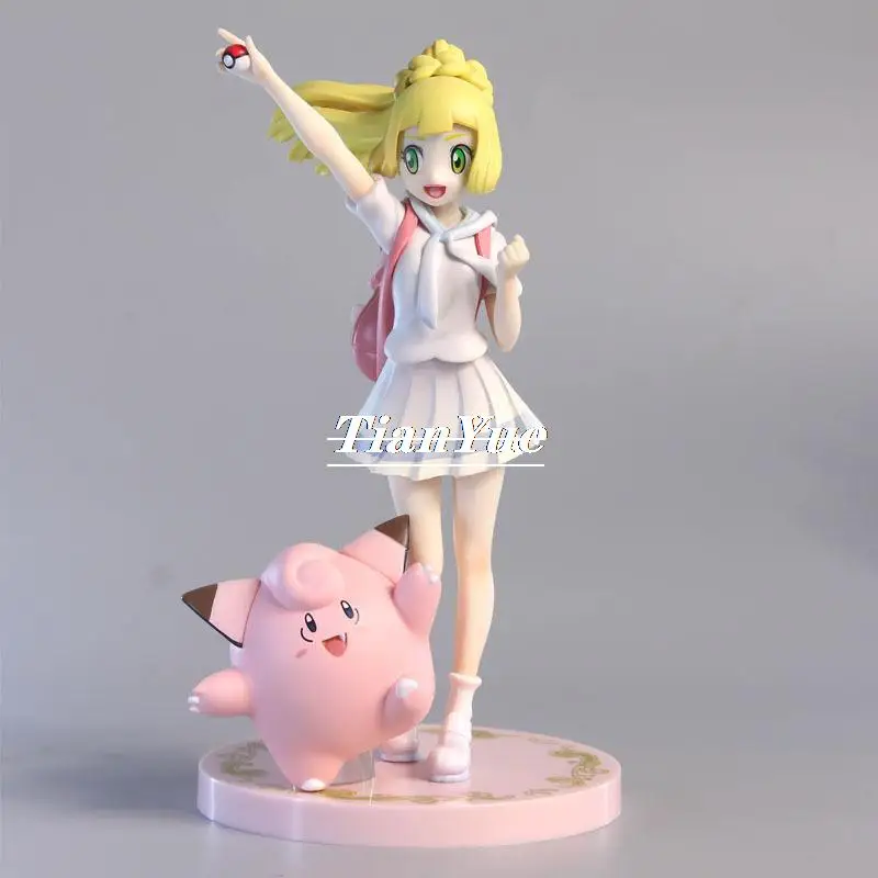 POKEMON Anime Lillie and Clefairy Cheering PVC Vinyl Doll  Decoration Christmas toy 19cm