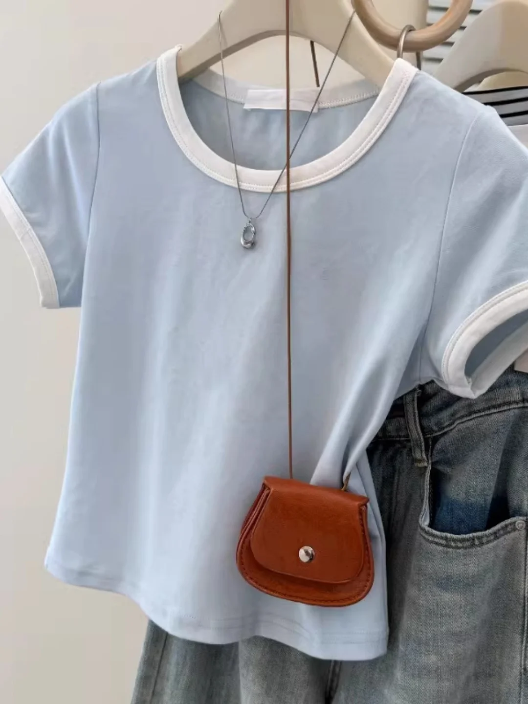 Summer Short Sleeve T-Shirt Women's Slim Fit Korean Style Shoulder Length Short Cotton Top for Junior High School Students