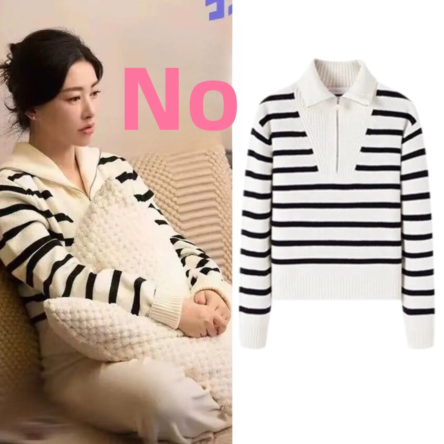 

Celebri Zhu Zhu Bla White Stripes f Zipper Knitted Sweater Women's Loose Casual Sle Long Sve Autumn Winter Top