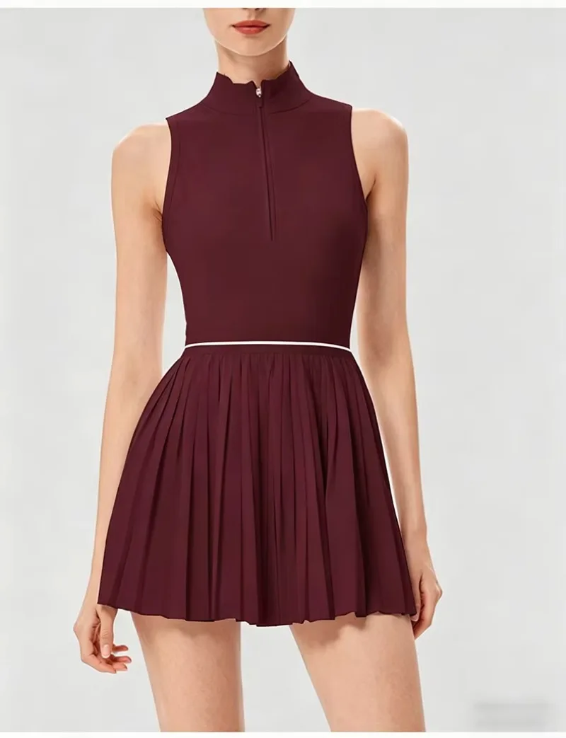 Damen-Tenniskleid mit Reißverschluss, Polokragen, integriertem BH und kurzen Ärmeln, atmungsaktives, ärmelloses Golf- und Sportkleid, schnelltrocknend, dehnbar, ideal für sportliche Aktivitäten. – Detail 17