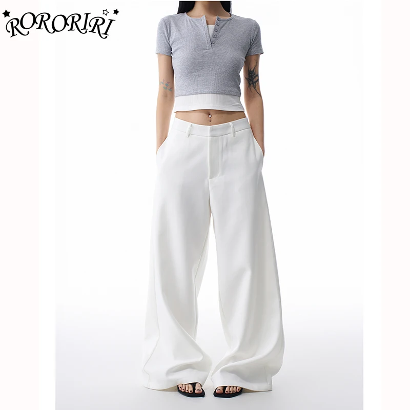 

RORORIRI Y2K White Flare Pants Floor Length Bootcut Trousers for Women Baggy Wide Leg Chic Streetwear Work Pants Hide Pockets