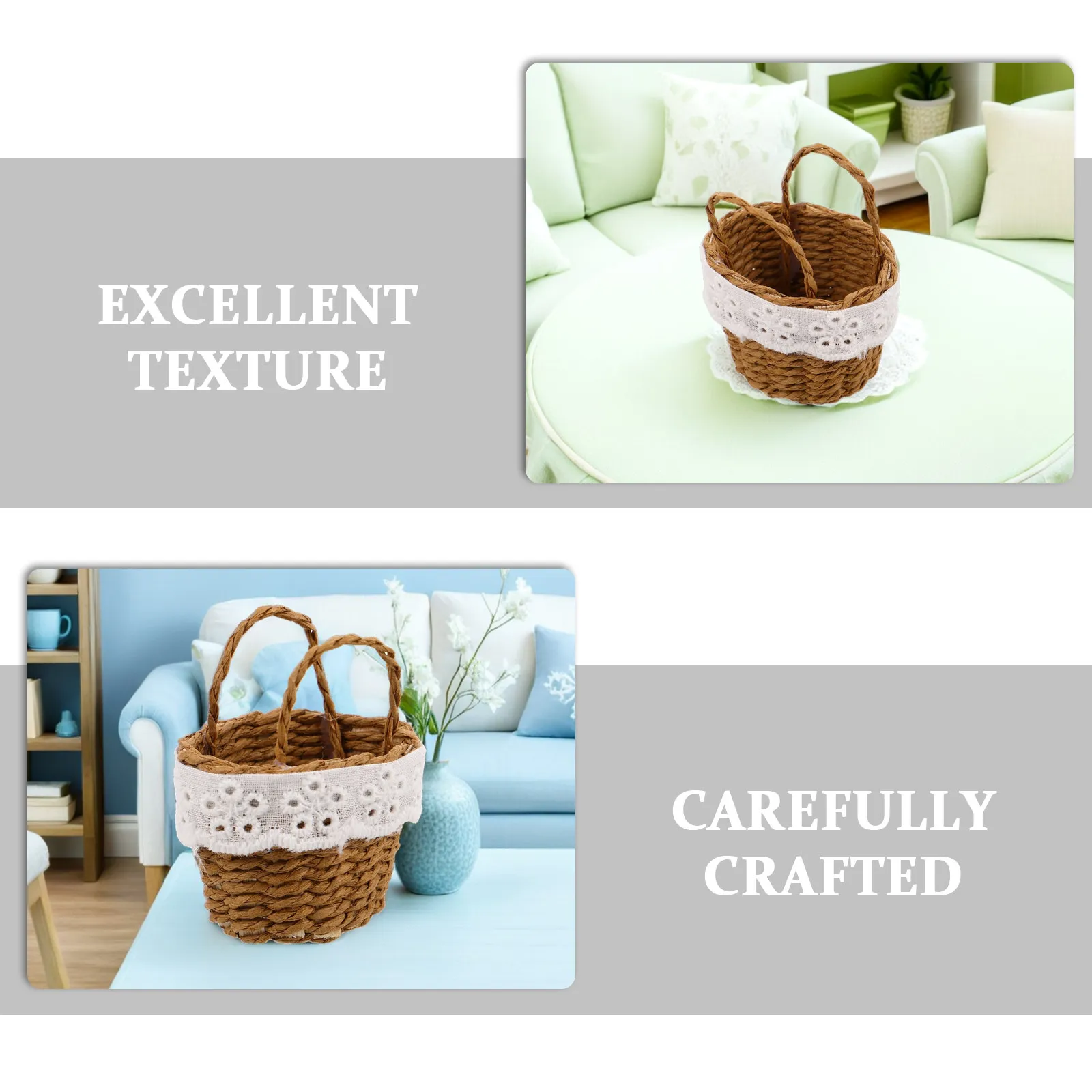 2Pcs Mini Handwoven Rattan Baskets with Handles Small Decorative Woven Flower Baskets Picnic Party Favors Miniature Tabletop