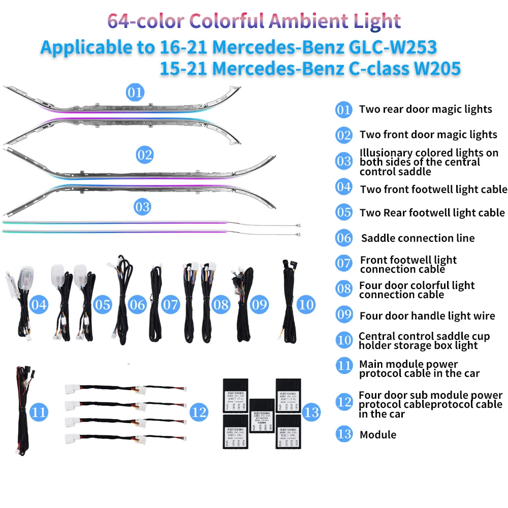 

For Mercedes-Benz C GLC X253 W205 Car Lighting System Full Set 64 color Ambient Ligh Car Interior Lights Car Ambient Light