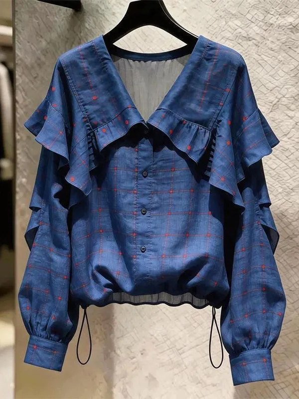 Fashionable Long Sleeve Women's Shirt Drawstring Bubble Sleeve Hemmed Design Summer New Style Slimming Korean Style Polyester...