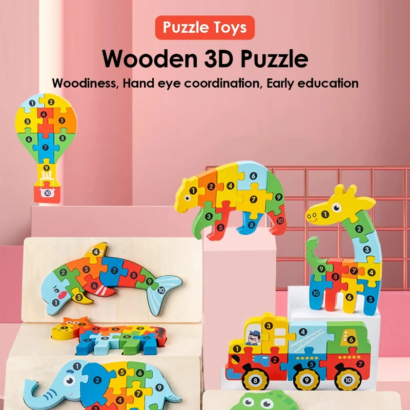 Rompecabezas 3D de madera para niños, rompecabezas educativo de animales de dibujos animados, aprendizaje temprano, inteligencia cognitiva, juguetes