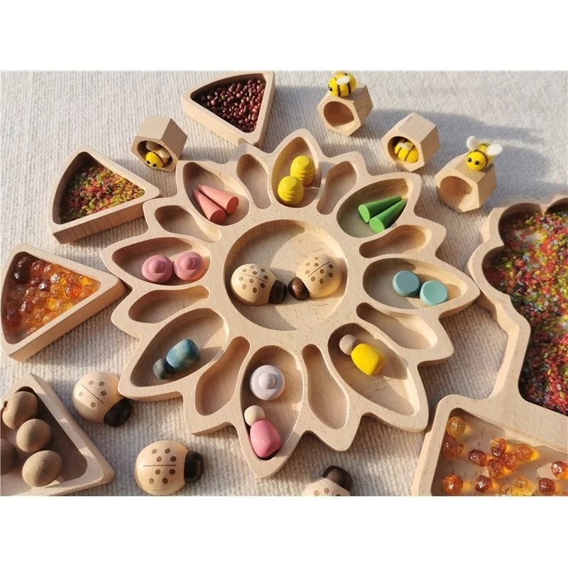 Holz Montessori Spielzeug Blumen Bäume Pilz Sensorischen SortingTrays Bienenstöcke Marienkäfer Für Kinder Open-ended Spielen