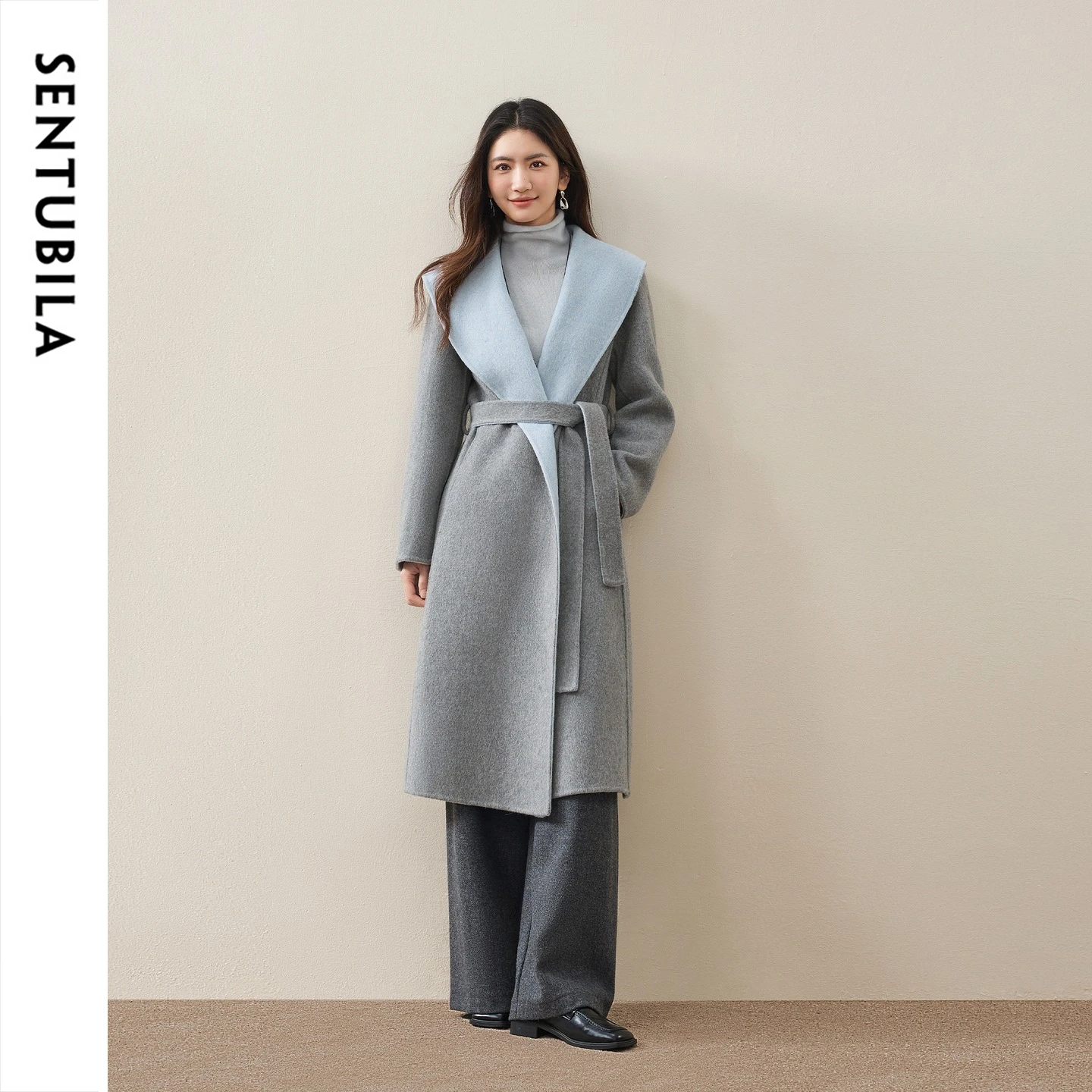 SENTUBILA Double‑Faced Wool Coat Women 2026 Winter Cashmere Blend Belted Overcoat Elegant Warm Ladies Outerwear W64OC7627