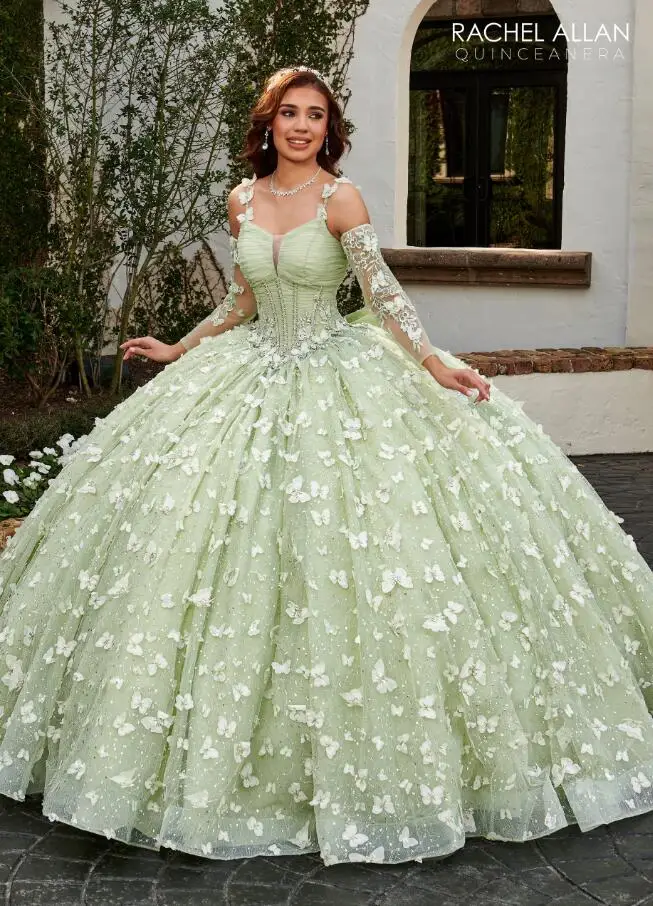 Vestidos de princesa verde salvia para quinceañera, corsé brillante Floral de mariposa de lujo para graduación, 15 años