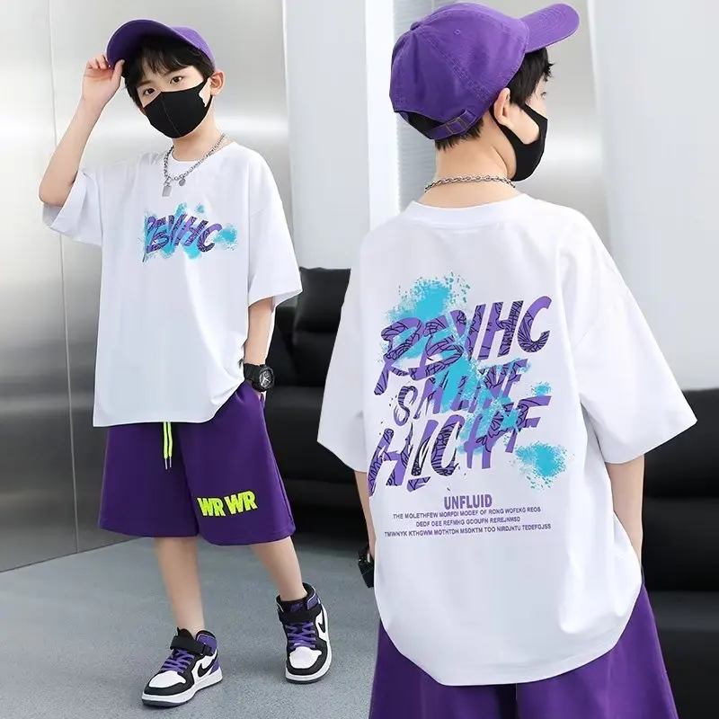 Crewneck kaus anak-anak trendi, pakaian anak-anak lengan lima perempat baru, T-shirt sederhana elegan serbaguna modis Ins musim panas