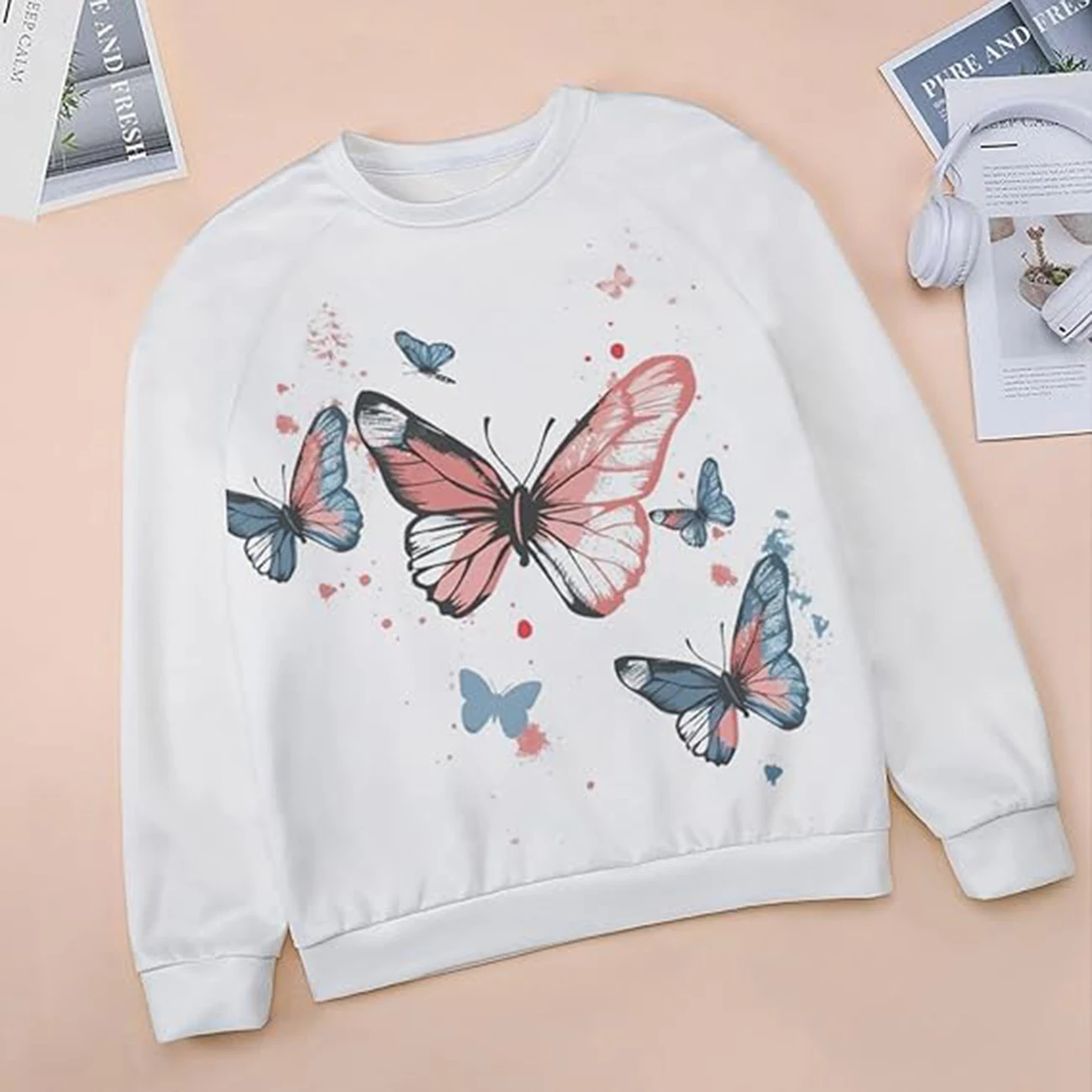 أزياء المرأة القط فراشة بلوزات خريف ربيع عارضة Crewneck البلوز قمم بوهو الأزهار الجرافيك كم طويل بلايز