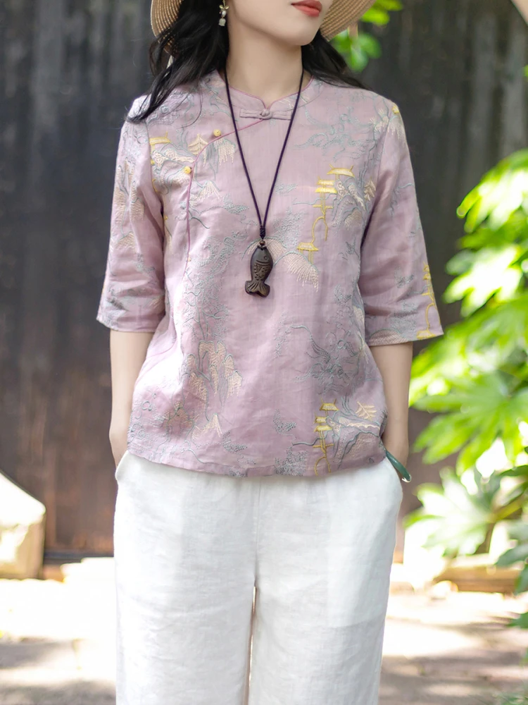 

Новая женская блузка в китайском стиле с вышивкой, из льна, с асимметричным рукавом, воротником-стойкой, средней длины, обновленный дизайн, эффектный топ