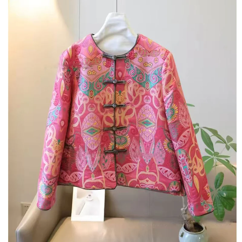 Spring New Round Neck Single breasted Jacquard Segment Silk Fabric Handmade Single breasted Fashion Women's Coat