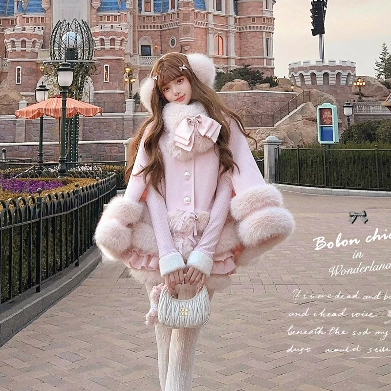 Sweet Princess Style Capes Winter New Japanese and Korean Fashion Women's Loose Plush Thickened Single-Breasted Jacket Ponchos