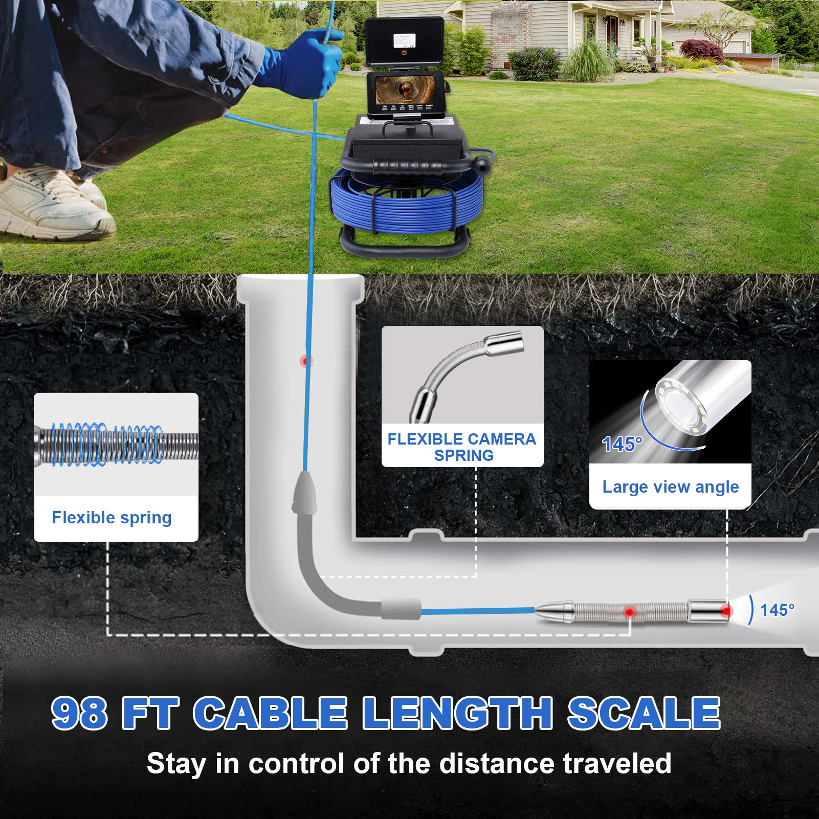 Kamera Inspeksi Pipa 100 Kaki dengan Penyetelan Otomatis, Transmitter 512Hz, Tahan Air, Layar 5 inci, Boreskop dengan Lampu, Kartu 16Gb