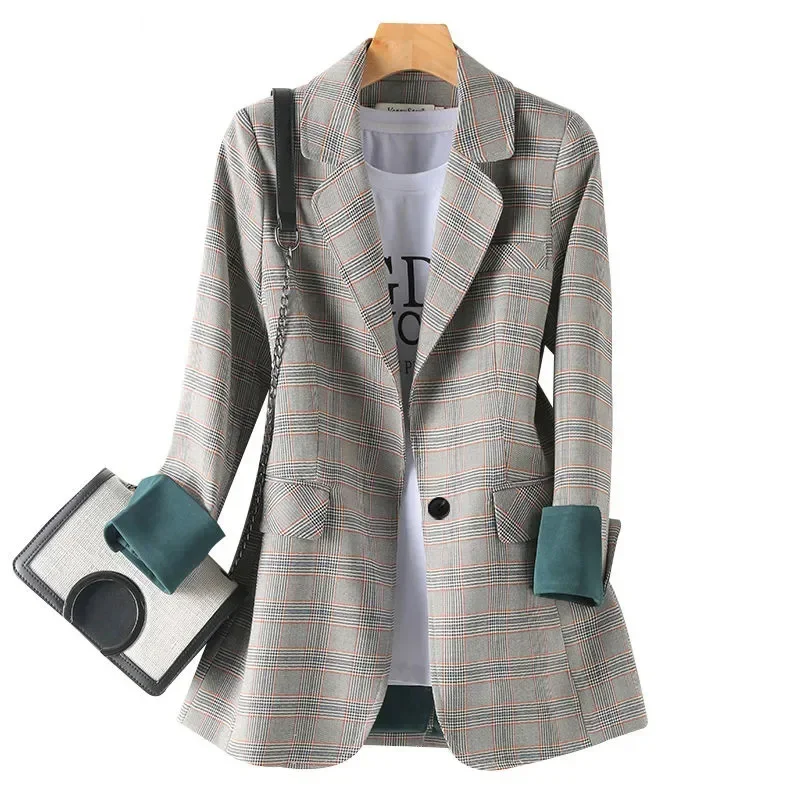 Gray Plaid Vintage Turn-Down Collar Single Button Long Sleeve Women\'s Jacket Korean Fashion Jackets Short Coat For Women 2024