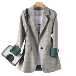 Giacca da donna a maniche lunghe con bottone singolo con colletto rovesciato Vintage scozzese grigio giacche moda coreana cappotto corto per donna 2024