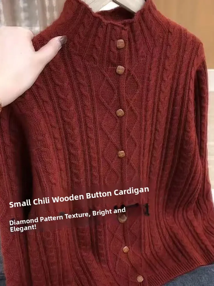 

Red Thiened Stand Collar Women's Set for New Year Spring Faion Trend Wood Button Twist Knit Sweater Cardigan Casual Sle