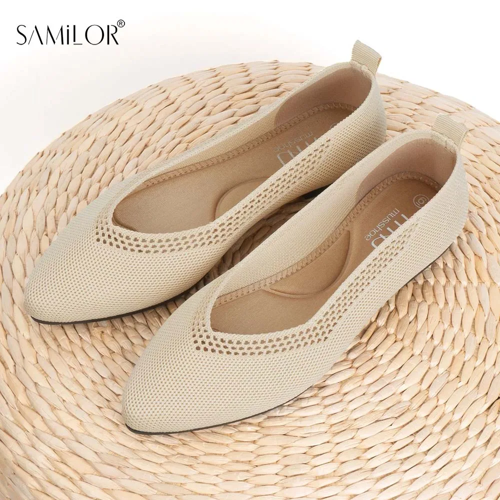 Samilor Fly Woven Flat Shoes Woman Pointed Toe Breathable Ballet Flats Shallow Mouth Slip On Loafers Knitting Stretch Moccasins