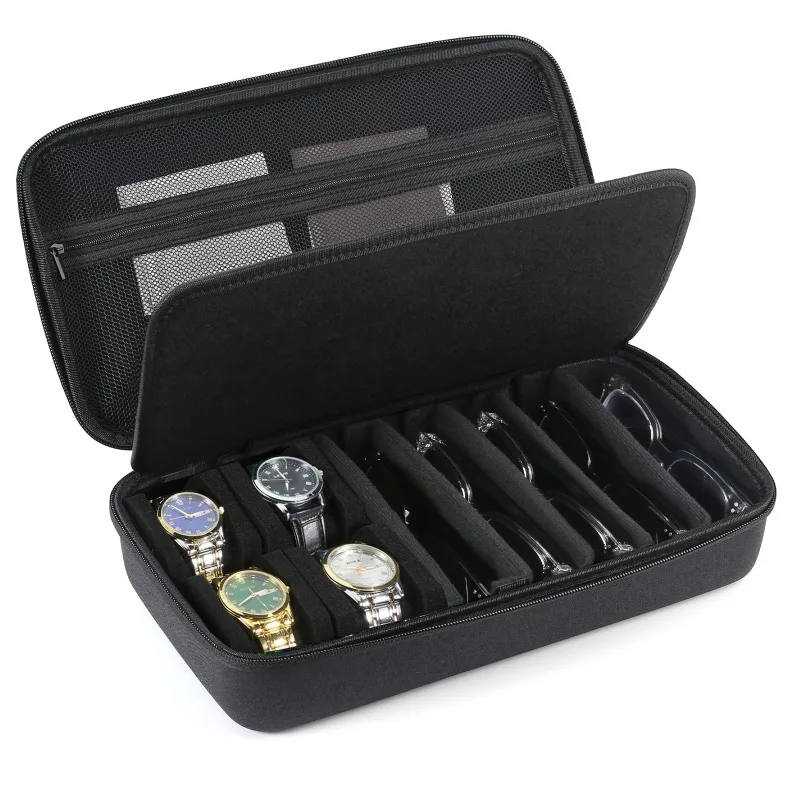 Hard Shell Nylon Accessory Storage Travel Case for Men Women with 4 Slots Watch Box and 5 Slots Sunglasses Zipper Carrying Case