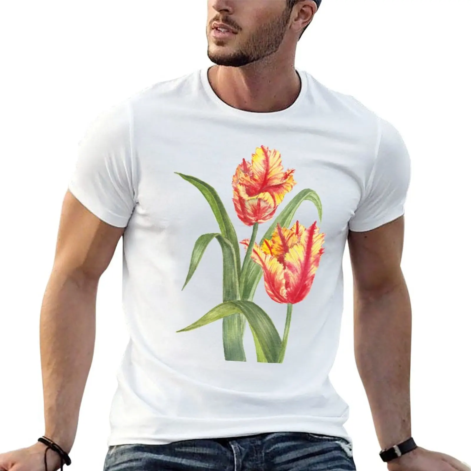 

t Parrot shirt T-Shirt graphic Painting man Yellow Watercolour Botanical Tulips