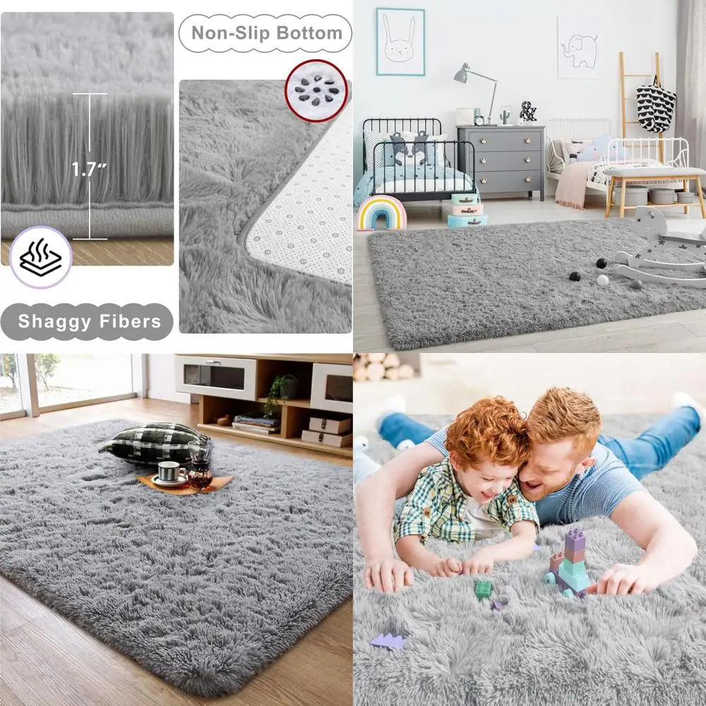 

5x8 Grey Plush Shag Rug for Living Room, Bedroom, or Kids' Rooms - Soft Shaggy Carpet for Nursery, Dorm, and Indoor Decor