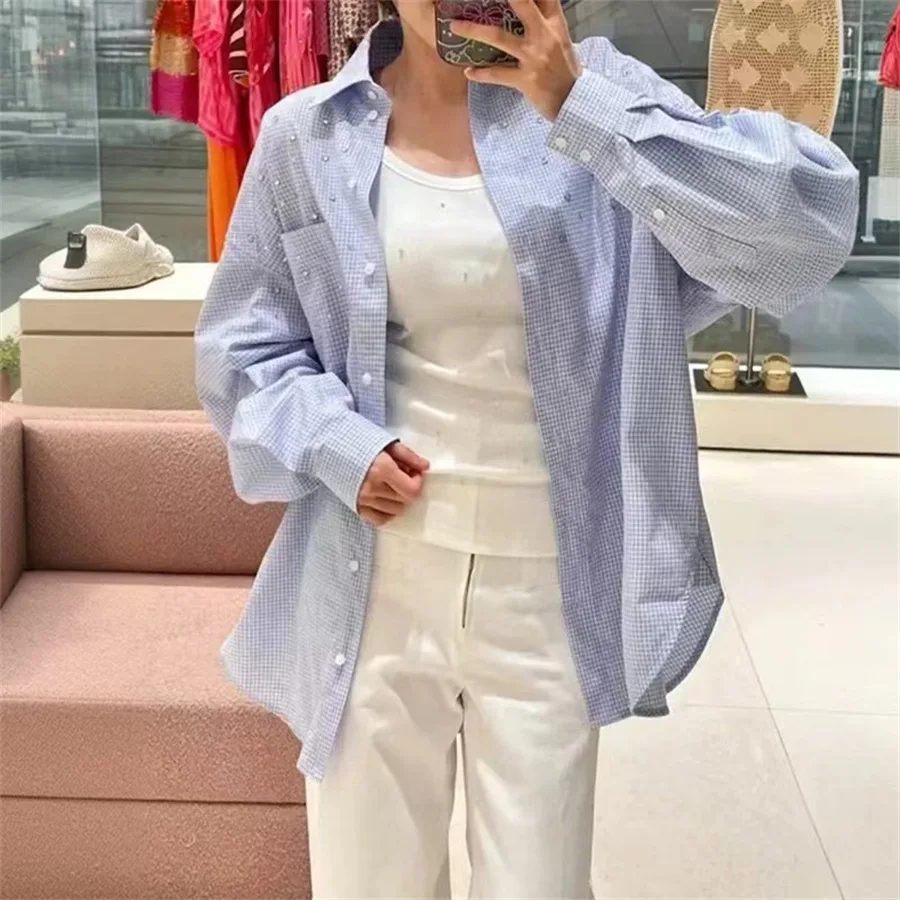 

Kawaii Diamond shirt loose oversized women's small checkered decoration long sleeved POLO collar 2024 early autumn light blue