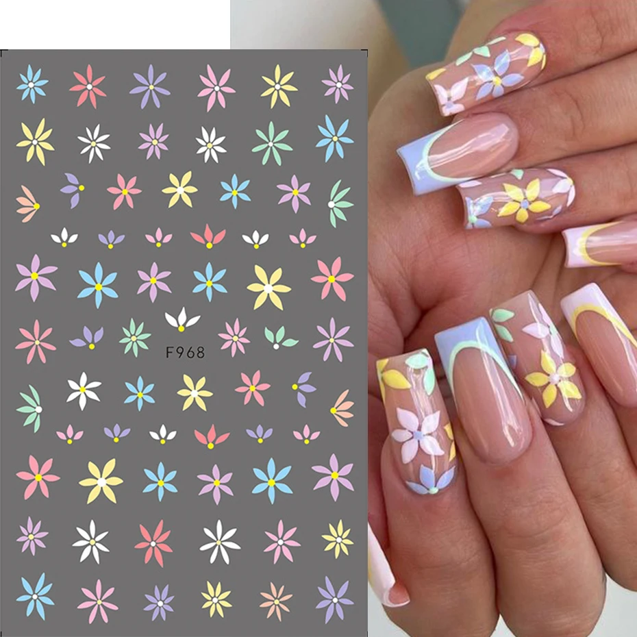 Colorful Flower 3D Nail Stickers Green Leaf Floral Daisy Spring Nail Art Water Decals Sliders Manicure Butterfly Nail Tips Decor