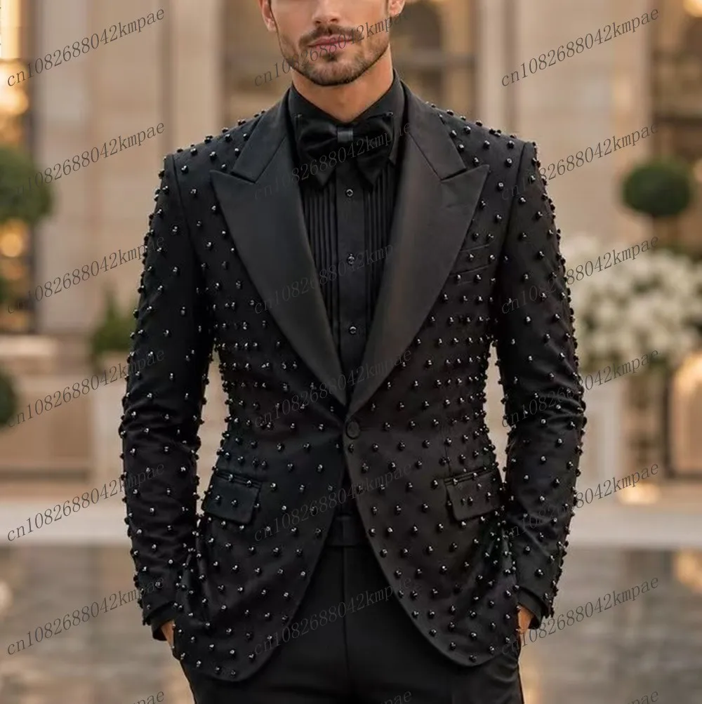 Fashion Pearl Black Men Suit Prom Business Formal Occasion Groom Groomsman Wedding Party Male Tuxedos 2 Piece Blazer Pants