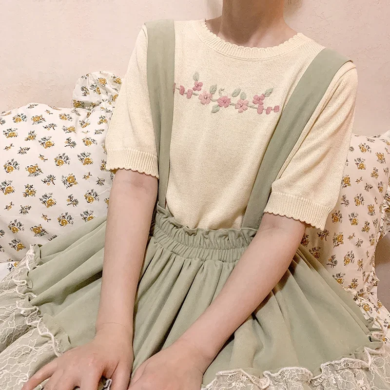 Prairie Chic Knitted Tops Women Handmade Floral Embroidery Loose Tee for Sweet Girl Kawaii Clothes