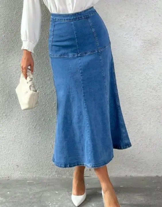 تنورة صيفية جديدة بتصميم ذيل السمكة المكشكش للنساء، بخصر مرتفع وشق أنيق، تنورة دنيم مرنة على شكل حرف A تبرز منحنيات الجسم