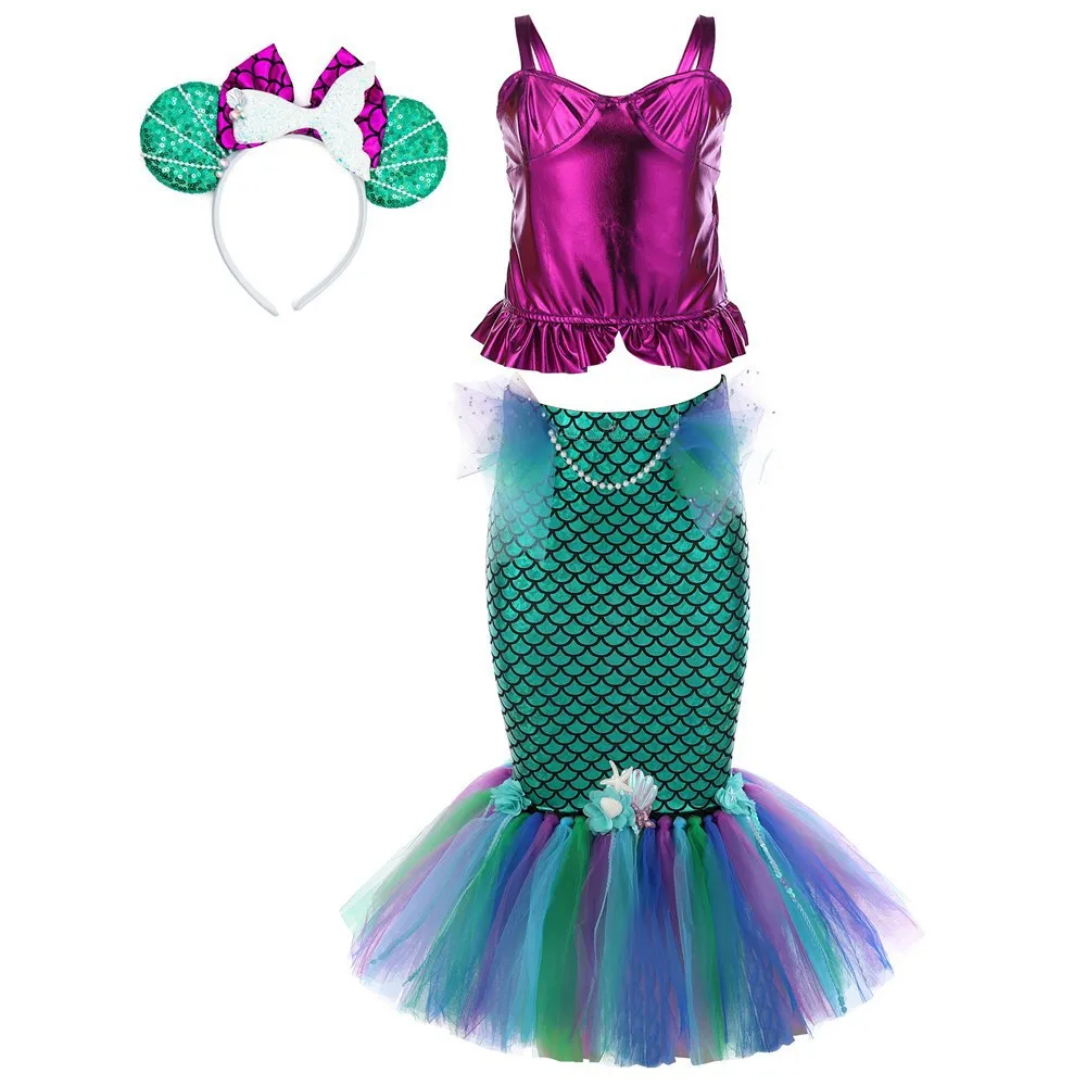 Girls Mermaid Sequined Fish Tail Sleeveless Tutu Dress Lightweight Breathable With Crown Set Summer Beach Party Swimsuit Outfit