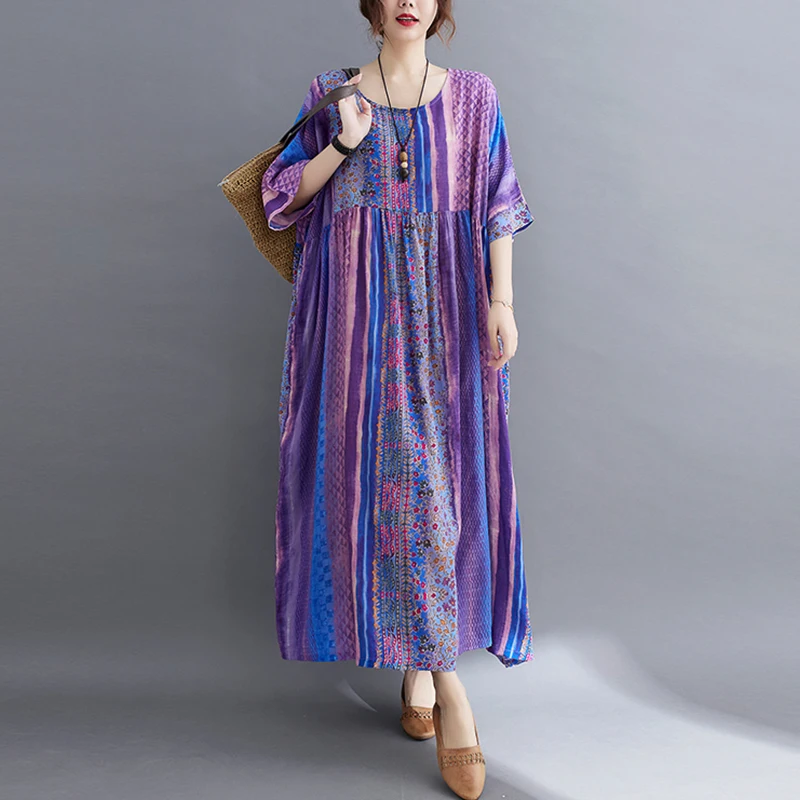 Plus Size Baumwolle Leinen Dr mit Farbe Blo Stripes A-Linie Rock rund Ne Five Sve Damen Faion Summer Dr