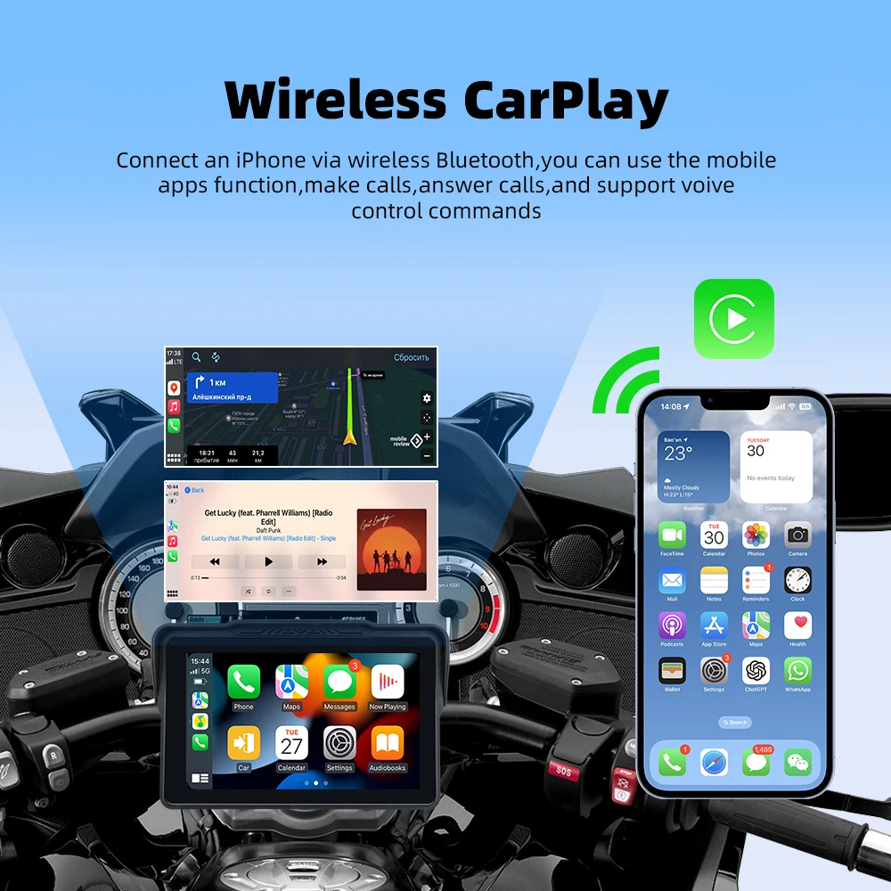 نظام تحديد المواقع للدراجات النارية مقاس 7 بوصات مع CarPlay Android Auto اللاسلكي، IP67 مقاوم للماء، 800NIT، BT 5.0، 5 جيجا هرتز WiFi، بطاقة TF، نظام Linux #2