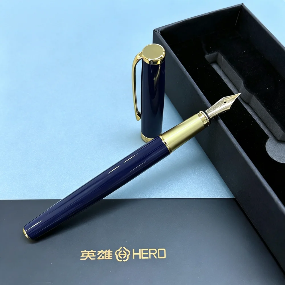 HERO P108 Classic Blue Fountain Pen, 0.38mm Fine Iridium Nib, Lightweight Smooth Writing, Dual Use (Converter & 3.4mm Cartridge)