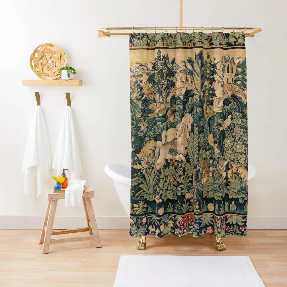 

FANTASTIC ANIMALS AND HORSES IN WOODLAND Blue Green Ivory Antique French Tapestry Shower Curtain