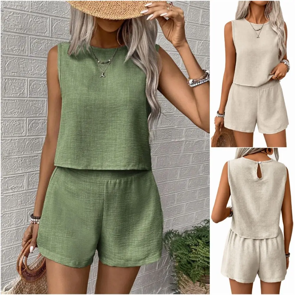 Casual Solid Color Vest Shorts Set Simple Design Multi-size Casual Outfit Set Sleeveless Top Set Casual Wear