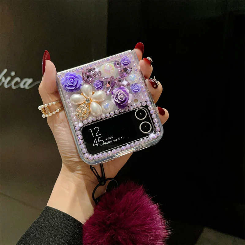 Bling Diamond Fur Ball Strap Case For Samsung Galaxy Z Flip 6 Z Flip 4 Z Flip 3 ZFlip5 Glitter Rhinestone Flower Hard Back Cover